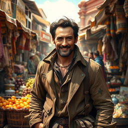 A detailed portrait of Hugh Jackman depicted as a wandering trader, set in a vibrant, bustling marketplace