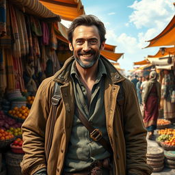 A detailed portrait of Hugh Jackman depicted as a wandering trader, set in a vibrant, bustling marketplace