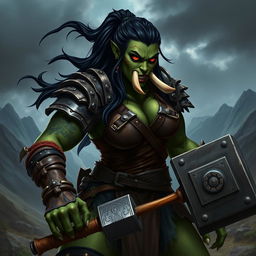 A powerful female orc warrior, characterized by her strong physique and fierce demeanor