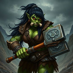 A powerful female orc warrior, characterized by her strong physique and fierce demeanor