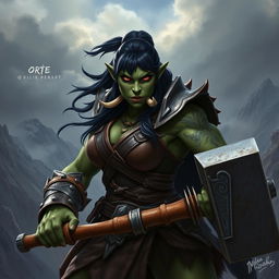 A powerful female orc warrior, characterized by her strong physique and fierce demeanor