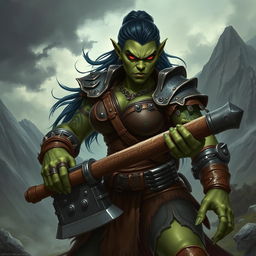 A powerful female orc warrior, characterized by her strong physique and fierce demeanor