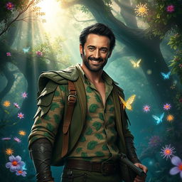 A fantastical portrayal of Hugh Jackman set in the Fey Wilds, surrounded by a lush, enchanted forest filled with vibrant flora and shimmering magical creatures