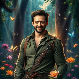 A fantastical portrayal of Hugh Jackman set in the Fey Wilds, surrounded by a lush, enchanted forest filled with vibrant flora and shimmering magical creatures