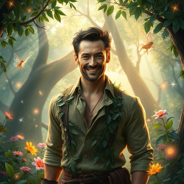 A fantastical portrayal of Hugh Jackman set in the Fey Wilds, surrounded by a lush, enchanted forest filled with vibrant flora and shimmering magical creatures