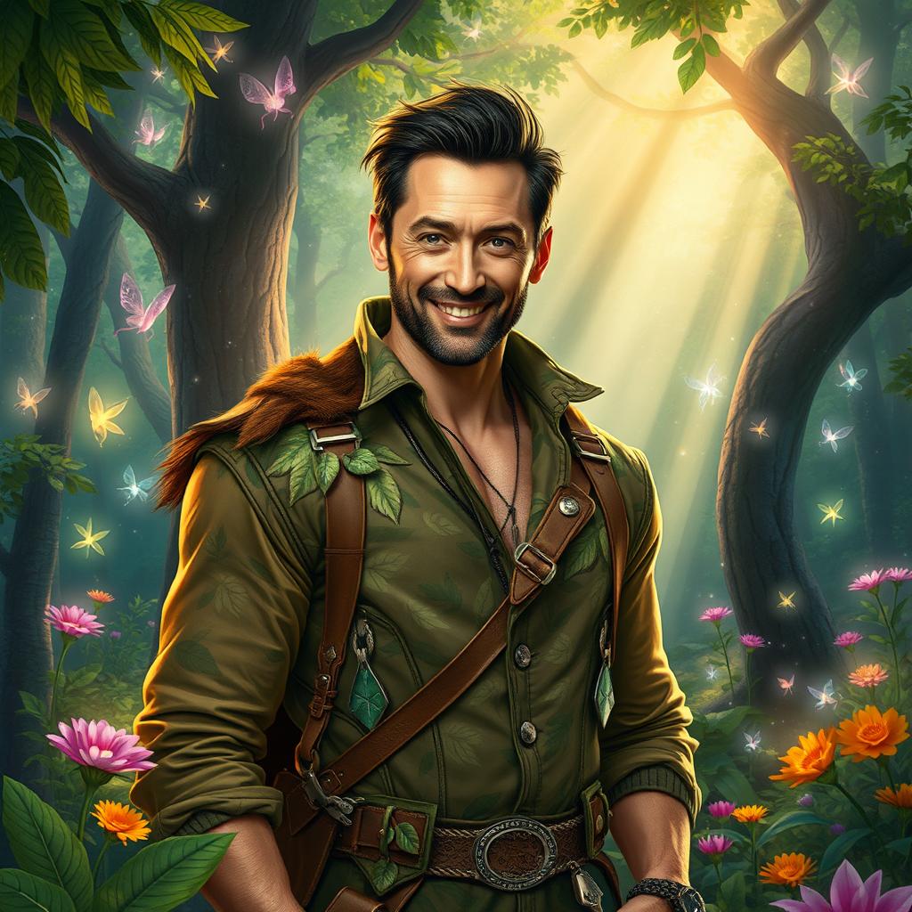 A fantastical portrayal of Hugh Jackman set in the Fey Wilds, surrounded by a lush, enchanted forest filled with vibrant flora and shimmering magical creatures