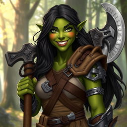 A friendly female orc warrior, characterized by her warm smile and approachable demeanor