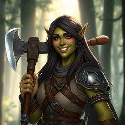 A friendly female orc warrior, characterized by her warm smile and approachable demeanor