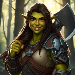 A friendly female orc warrior, characterized by her warm smile and approachable demeanor