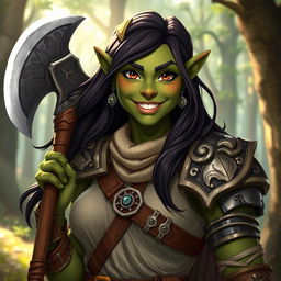 A friendly female orc warrior, characterized by her warm smile and approachable demeanor