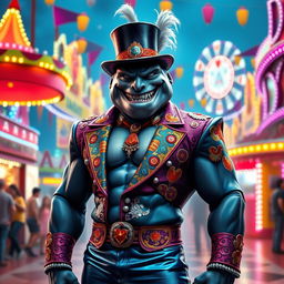 A striking depiction of a carnival boss represented as a shark man, standing confidently in a vibrant carnival scene