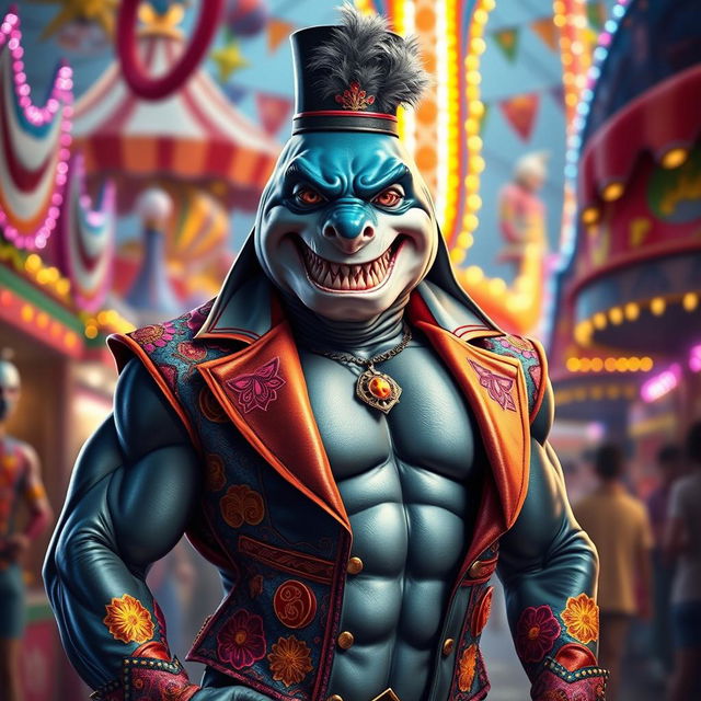 A striking depiction of a carnival boss represented as a shark man, standing confidently in a vibrant carnival scene