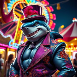 A striking depiction of a carnival boss represented as a shark man, standing confidently in a vibrant carnival scene