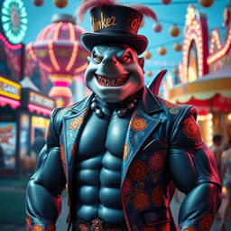 A striking depiction of a carnival boss represented as a shark man, standing confidently in a vibrant carnival scene