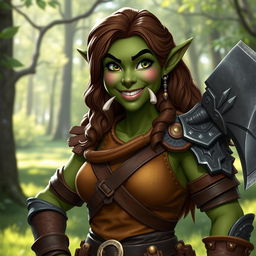 A friendly female orc warrior, showcasing her warm smile and approachable nature