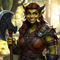 A friendly female orc warrior, showcasing her warm smile and approachable nature