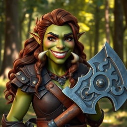 A friendly female orc warrior, showcasing her warm smile and approachable nature