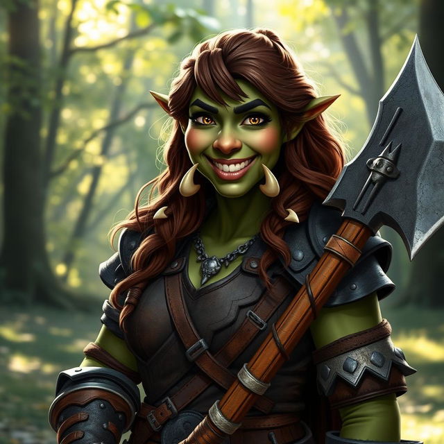 A friendly female orc warrior, showcasing her warm smile and approachable nature