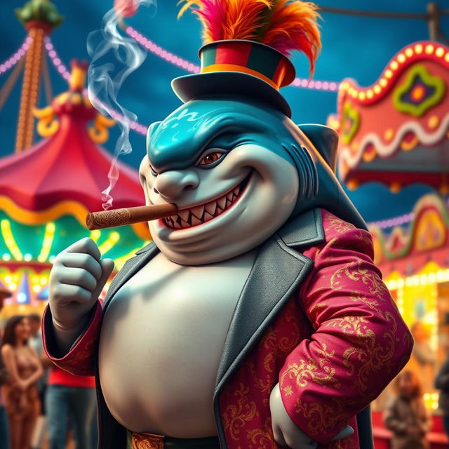 An engaging depiction of a cheerful, plump shark man as the carnival boss, exuding a strong presence in a lively carnival setting