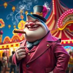 An engaging depiction of a cheerful, plump shark man as the carnival boss, exuding a strong presence in a lively carnival setting
