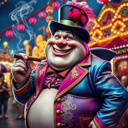 An engaging depiction of a cheerful, plump shark man as the carnival boss, exuding a strong presence in a lively carnival setting