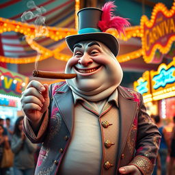 An engaging depiction of a cheerful, plump shark man as the carnival boss, exuding a strong presence in a lively carnival setting