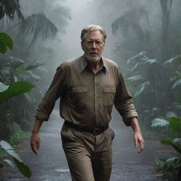 Create an image of John Hammond in Isla Nublar, rushing through the rain-soaked jungle towards the control room, ready to restore the power and regain control over the disrupted park.