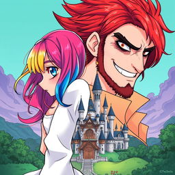A vibrant manga-style illustration featuring a girl named Raimbelle with rainbow-colored hair and sapphire blue eyes, turning her back and casting a dark glance at a red-haired man with dark circles under his eyes, a slight beard, and a wicked smile, also facing away