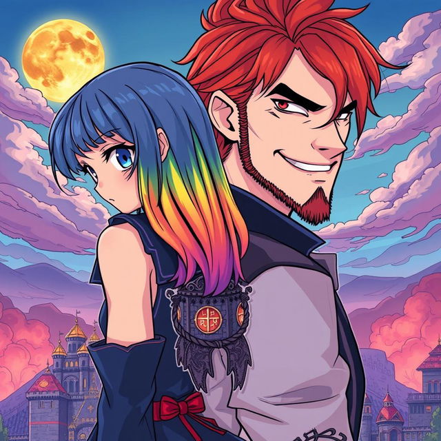 A vibrant manga-style illustration featuring a girl named Raimbelle with rainbow-colored hair and sapphire blue eyes, turning her back and casting a dark glance at a red-haired man with dark circles under his eyes, a slight beard, and a wicked smile, also facing away