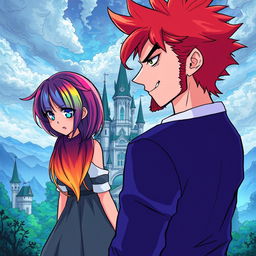 A vibrant manga-style illustration featuring a girl named Raimbelle with rainbow-colored hair and sapphire blue eyes, turning her back and casting a dark glance at a red-haired man with dark circles under his eyes, a slight beard, and a wicked smile, also facing away