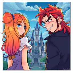 A vibrant manga-style illustration featuring a girl named Raimbelle with rainbow-colored hair and sapphire blue eyes, turning her back and casting a dark glance at a red-haired man with dark circles under his eyes, a slight beard, and a wicked smile, also facing away