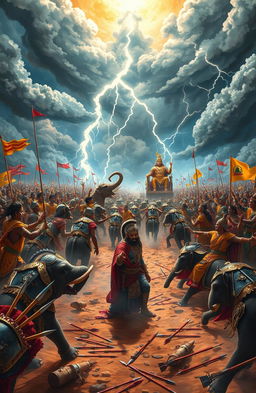 A grand, epic scene from the Mahabharata, featuring an intense moment of the great Kurukshetra battlefield