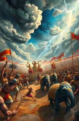 A grand, epic scene from the Mahabharata, featuring an intense moment of the great Kurukshetra battlefield