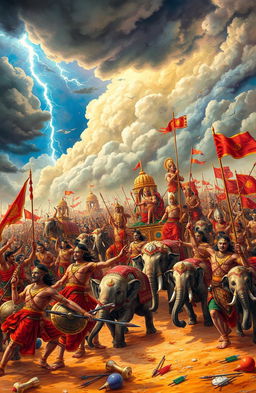 A grand, epic scene from the Mahabharata, featuring an intense moment of the great Kurukshetra battlefield