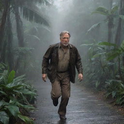 Create an image of John Hammond in Isla Nublar, rushing through the rain-soaked jungle towards the control room, ready to restore the power and regain control over the disrupted park.