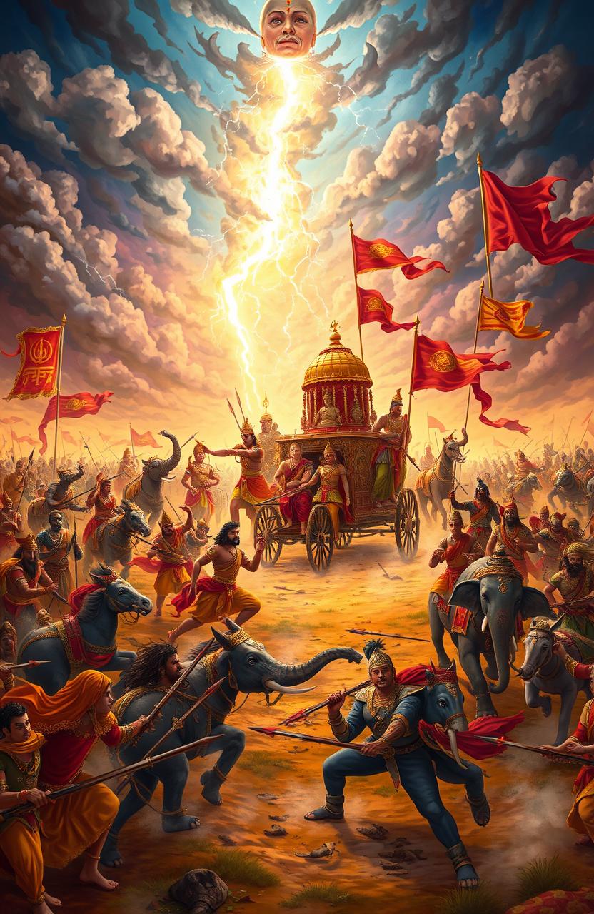 A grand, epic scene from the Mahabharata, featuring an intense moment of the great Kurukshetra battlefield