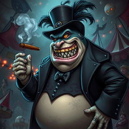 A captivating illustration of an evil carnival boss depicted as a large, menacing shark man, featuring a rotund belly and sharp, intimidating teeth