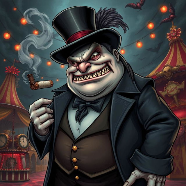 A captivating illustration of an evil carnival boss depicted as a large, menacing shark man, featuring a rotund belly and sharp, intimidating teeth