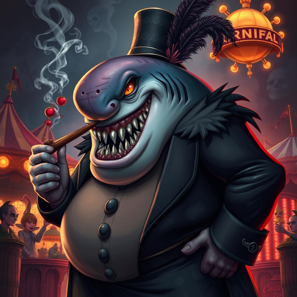 A captivating illustration of an evil carnival boss depicted as a large, menacing shark man, featuring a rotund belly and sharp, intimidating teeth