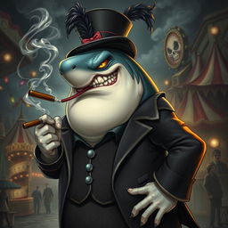 A captivating illustration of an evil carnival boss depicted as a large, menacing shark man, featuring a rotund belly and sharp, intimidating teeth