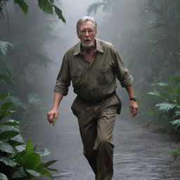 Create an image of John Hammond in Isla Nublar, rushing through the rain-soaked jungle towards the control room, ready to restore the power and regain control over the disrupted park.