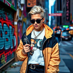 A real-life image of a blonde rap singer, showcasing their unique style and confidence