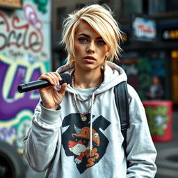 A real-life image of a blonde rap singer, showcasing their unique style and confidence