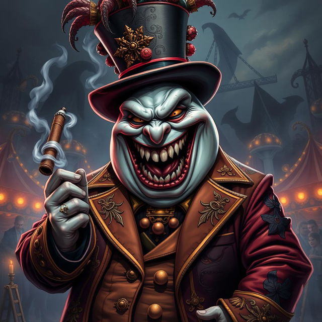 An intense illustration of an evil carnival boss depicted as a large, overweight shark man, showcasing an ominous expression with sharp teeth bared in a menacing grin