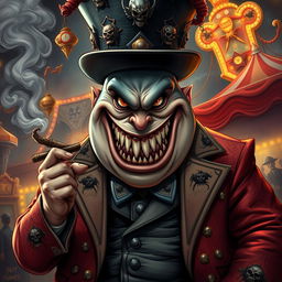 An intense illustration of an evil carnival boss depicted as a large, overweight shark man, showcasing an ominous expression with sharp teeth bared in a menacing grin