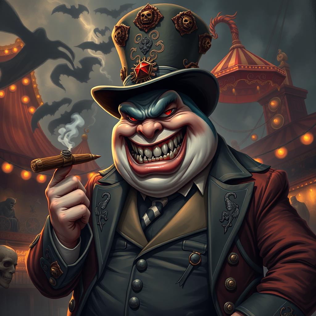 An intense illustration of an evil carnival boss depicted as a large, overweight shark man, showcasing an ominous expression with sharp teeth bared in a menacing grin