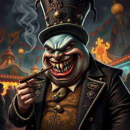 An intense illustration of an evil carnival boss depicted as a large, overweight shark man, showcasing an ominous expression with sharp teeth bared in a menacing grin