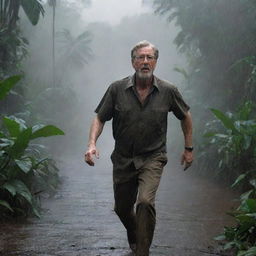 Create an image of John Hammond in Isla Nublar, rushing through the rain-soaked jungle towards the control room, ready to restore the power and regain control over the disrupted park.