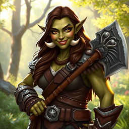 A nice female orc warrior, exuding a friendly and approachable demeanor