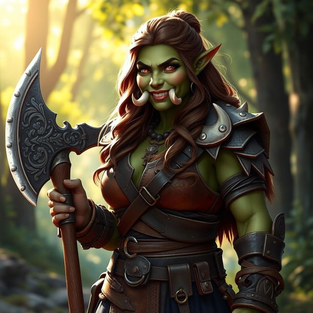 A nice female orc warrior, exuding a friendly and approachable demeanor